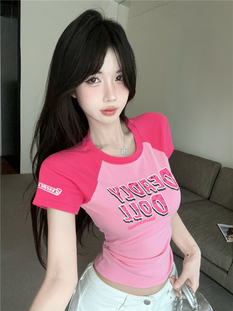 2025 Summer New Retro American Color Block Raglan Short Sleeve T-Shirt for Women - Image 4
