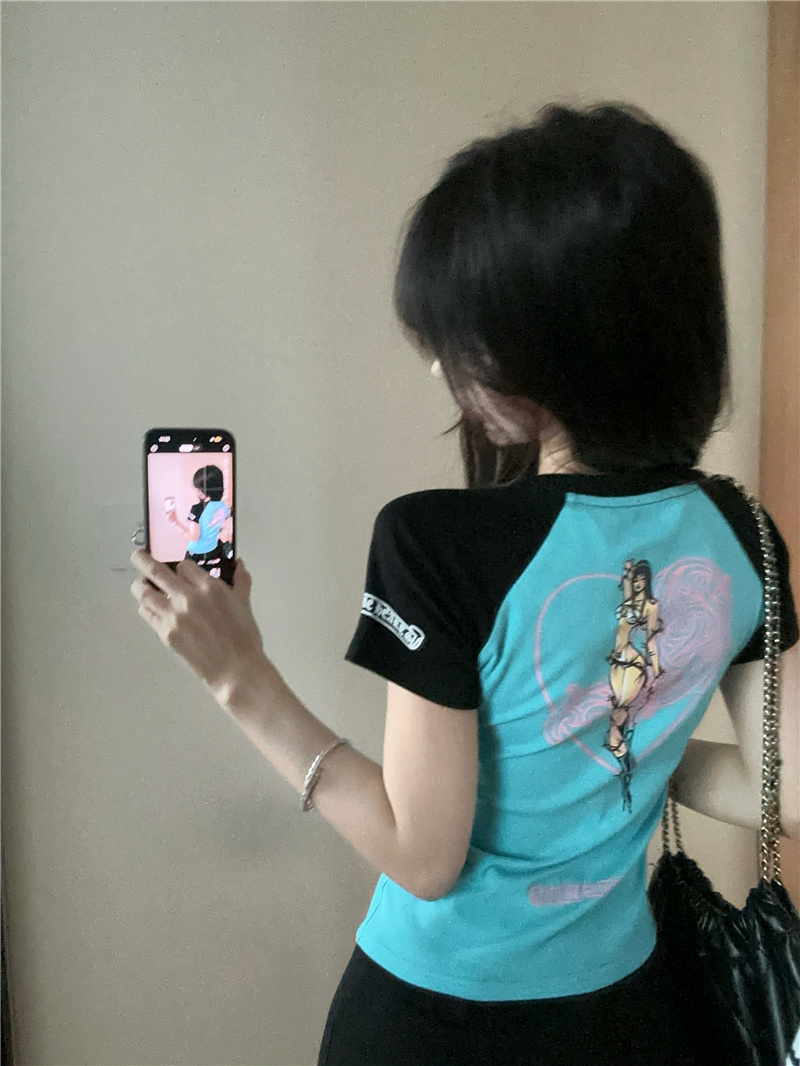 2025 Summer New Retro American Color Block Raglan Short Sleeve T-Shirt for Women