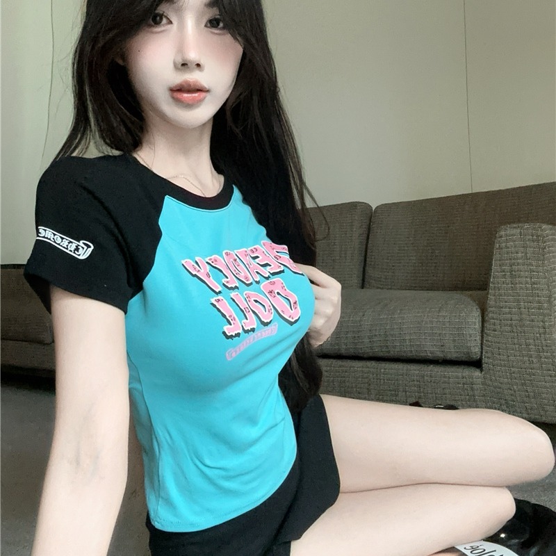 2025 Summer New Retro American Color Block Raglan Short Sleeve T-Shirt for Women - Image 2