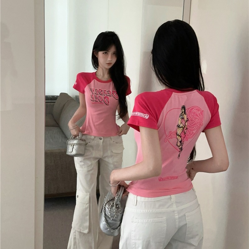2025 Summer New Retro American Color Block Raglan Short Sleeve T-Shirt for Women - Image 5