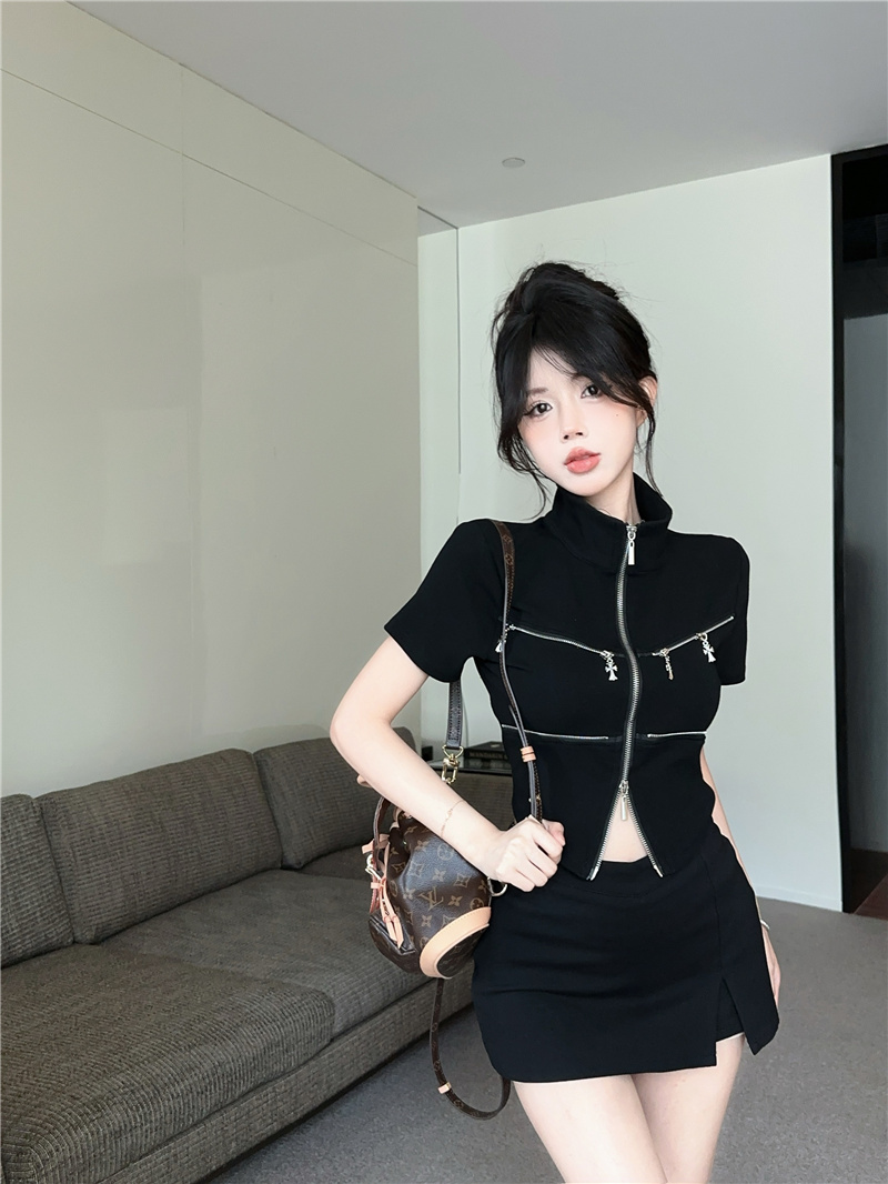 Double Zipper Short Sleeve Slim Fit Cropped Cardigan Top Sweet Spicy T-Shirt - Image 2