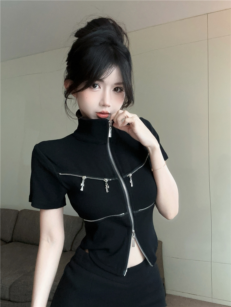 Double Zipper Short Sleeve Slim Fit Cropped Cardigan Top Sweet Spicy T-Shirt - Image 3