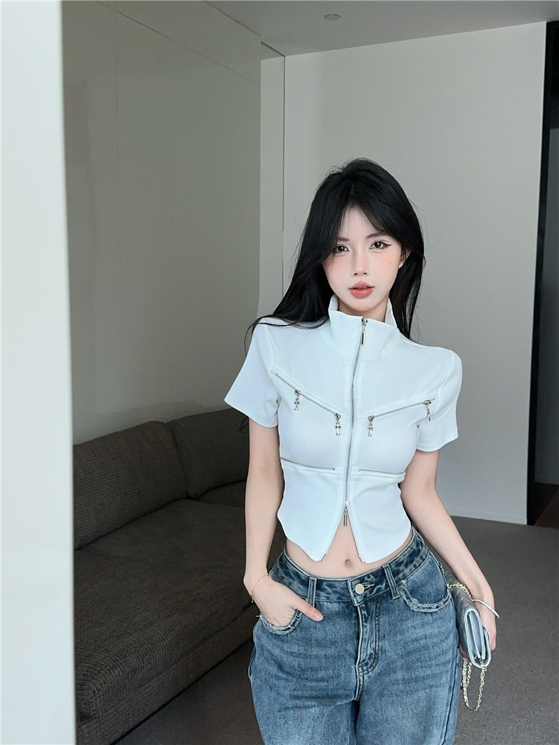 Double Zipper Short Sleeve Slim Fit Cropped Cardigan Top Sweet Spicy T-Shirt - Image 4