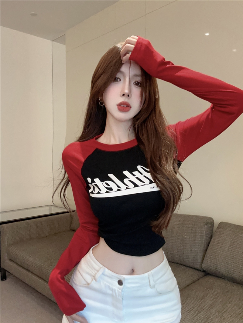 2025 New Letter Print Color Block Long Sleeve Slim Fit Top for Petite Women - Image 3
