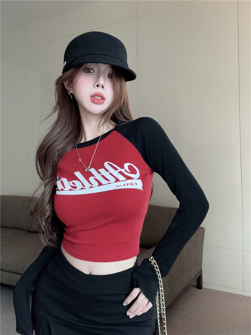 2025 New Letter Print Color Block Long Sleeve Slim Fit Top for Petite Women - Image 4