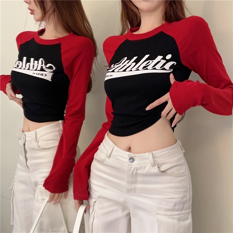 2025 New Letter Print Color Block Long Sleeve Slim Fit Top for Petite Women - Image 5