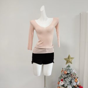 Women's Wool Blend V-Neck Knit Top Three-Quarter Sleeve Fall Winter Base Layer