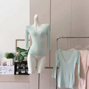 BULENG 33 Wool Multi-Color Mid-Sleeve Mock Neck V-Neck Knit Sweater for Women Minimalist Versatile Top