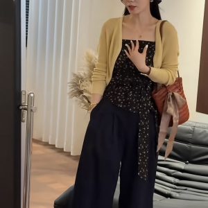 Korean Floral Cami Top and Cardigan and Pants Set