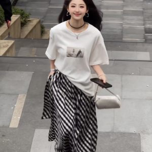 Casual Versatile T-Shirt and Striped Skirt Two-Piece Set
