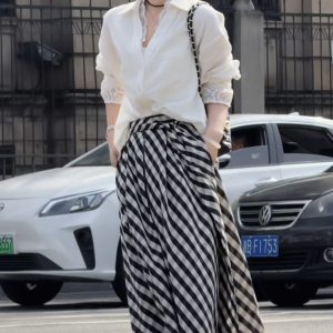 Trending Casual Lace Panel Shirt and Striped Skirt Two-Piece Set