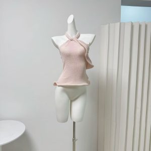 Soft Mist Pink French Halter Tie Open Back Ruffle Knit Top