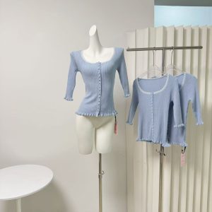Blue Lace Three-Quarter Sleeve Knit Top and Tiered Skirt Pants Set for Women