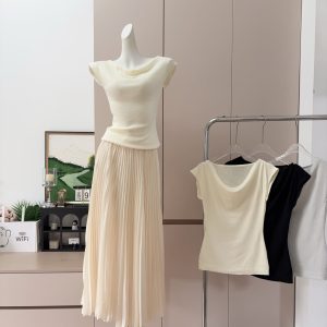 Women's Knit Sweater with Draped Neck and Off-Shoulder Design
