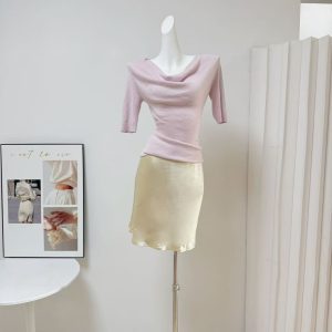 1XTWO Women's Cowl Neck Knit Top with Cinched Waist and Half Sleeves