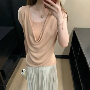 Light Mature V-Neck Faux Two-Piece Lace Panel Short Sleeve T-Shirt for Women 2026 Summer Slimming Top