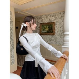 Women's Patchwork Faux Two-Piece Long Sleeve Top 2026 Fall Slimming Polka Dot T-Shirt