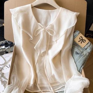 Sweet Gentle Polka Dot Ruffle Tie Chiffon Shirt Women Long Sleeve