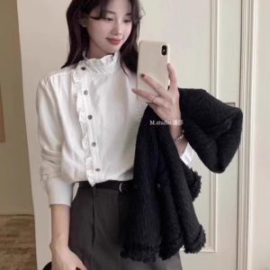 Women's French Lace Stand Collar Shirt White Dot Short Sleeve Loose Fit Top