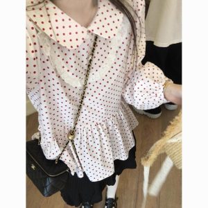 Red Polka Dot Doll Collar Shirt 2025 New Double Layer Lace Japanese Cute Doll Blouse Long Sleeve Shirt Top