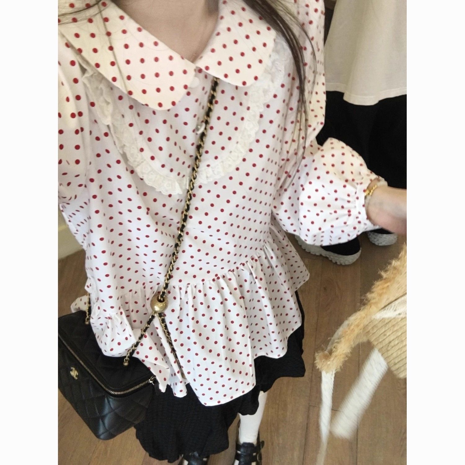 Red Polka Dot Doll Collar Shirt 2025 New Double Layer Lace Japanese Cute Doll Blouse Long Sleeve Shirt Top