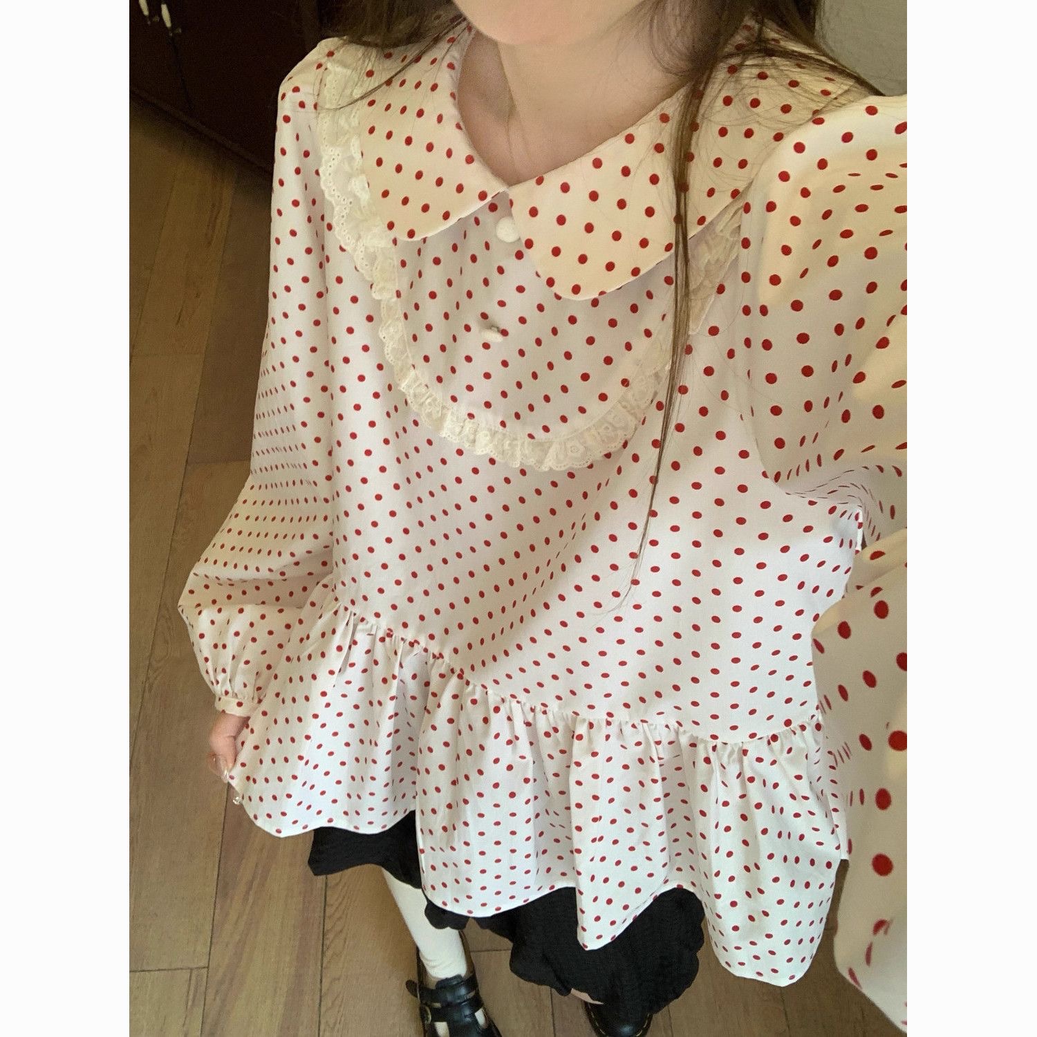 Red Polka Dot Doll Collar Shirt 2025 New Double Layer Lace Japanese Cute Doll Blouse Long Sleeve Shirt Top - Image 3