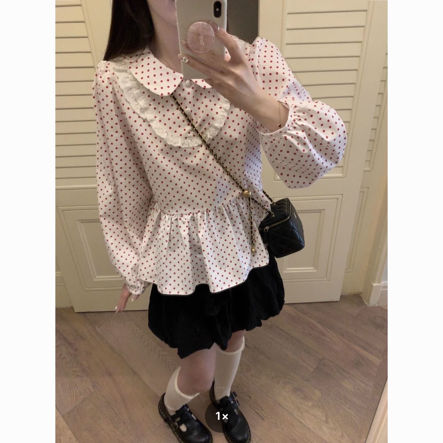 Red Polka Dot Doll Collar Shirt 2025 New Double Layer Lace Japanese Cute Doll Blouse Long Sleeve Shirt Top - Image 4