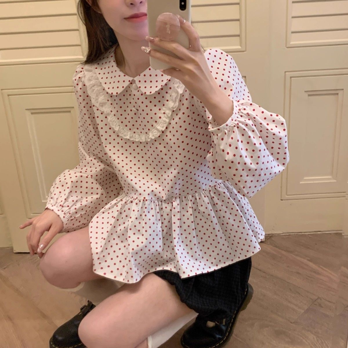 Red Polka Dot Doll Collar Shirt 2025 New Double Layer Lace Japanese Cute Doll Blouse Long Sleeve Shirt Top - Image 5