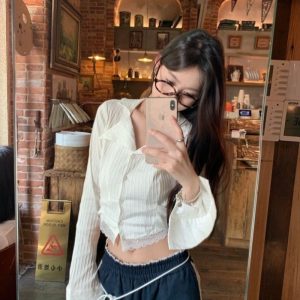 White Lace Trim Long Sleeve Shirt Women Early Autumn French Style Blouse