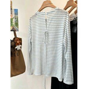 Women's Lazy Style Korean Back Cutout Lace-Up Lyocell Striped Sun Protection Long Sleeve T-Shirt Summer Casual Top