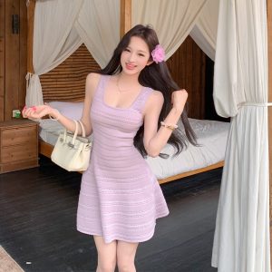 Elegant Purple Sleeveless Square Neck Knit A-Line Dress for Women Summer