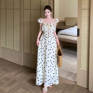 French Retro Polka Dot Sleeveless Cami Dress with Lace Trim and Tie Waist